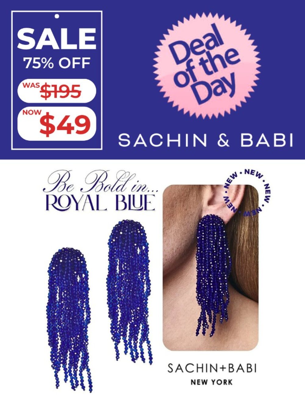 NEW Sparkling Glass Beaded Royal Blue Cascade Tassel Long Earrings Sachin+Babi